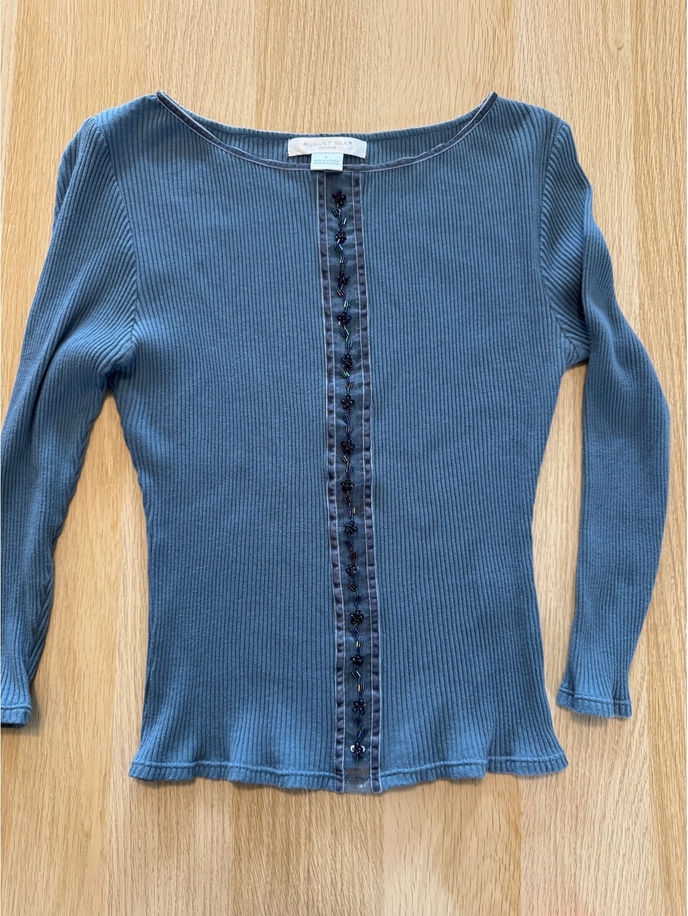 August Silk Options Boho Chic Blue Beaded Ribbed Long-Sleeve Top Size L NWOT